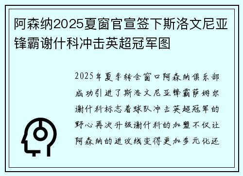 阿森纳2025夏窗官宣签下斯洛文尼亚锋霸谢什科冲击英超冠军图
